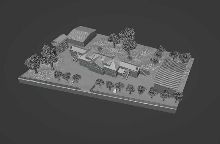 Detailní 3D model architektonické miniatury areálu se stromy a budovami