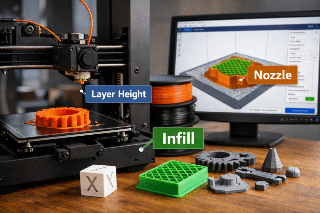 Předměty a objekty pro ukázání slovníku pojmů ve 3D tisku